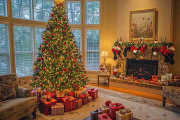 Sticker - A decked Christmas tree in a cozy living room surrounded by colorful presents, glowing with warmth and holiday cheer.