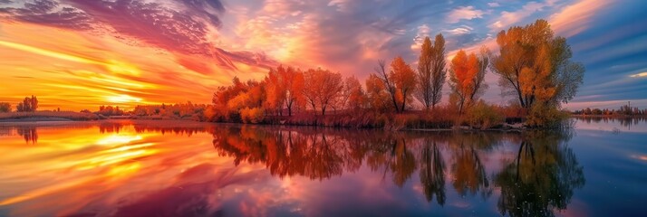 Aufkleber - The sky bursts with color during a stunning autumn sunset, casting reflections on the calm lake as trees stand tall in warm tones. Generative AI
