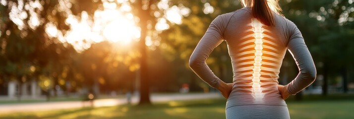 Poster - Young woman in sportswear feels back pain in a peaceful park. She seeks relief under warm sunlight, highlighting the importance of fitness and healthcare in preventing injuries