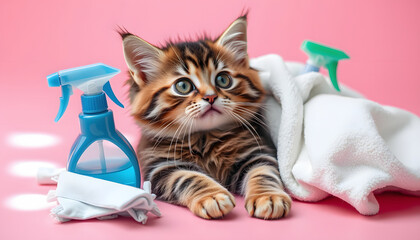 Cute cat with cleaning supplies lying on pink background isolated with white highlights, png