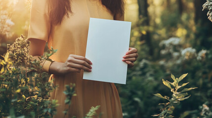 hand gently holds a blank white flyer, symbolizing opportunities, communication, and new beginnings. The empty space invites creativity and the potential for messages to unfold