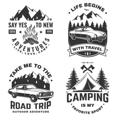 Wall Mural - set of outdoor adventure logo, print, stamp or tee. vintage typography design with retro car, campfi