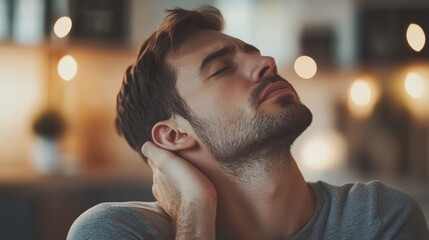 Poster - Young man is having a neck pain, touching the back of his neck, trying to relieve the ache. He is keeping his eyes closed