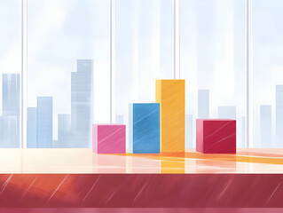 A colorful bar graph displayed against a modern cityscape, illustrating data visualization.