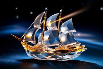 Poster - A ship made of crystal sailing across an ocean of stars, with its translucent sails catching beams of light, gliding through space in a serene, otherworldly voyage