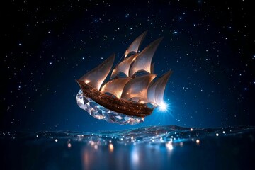 Poster - A ship made of crystal sailing across an ocean of stars, with its translucent sails catching beams of light, gliding through space in a serene, otherworldly voyage