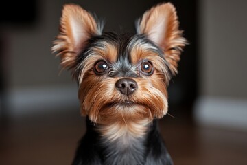Poster - Close-up of a Yorkshire Terrierâ€™s face, with its big brown eyes and shiny, silky coat, highlighting its adorable and expressive features