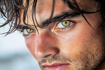Poster - Detailed shot of a personâ€™s face in the morning light, eyes half-open, with every detail of their expression showing the transition from sleep to wakefulness and readiness for the day
