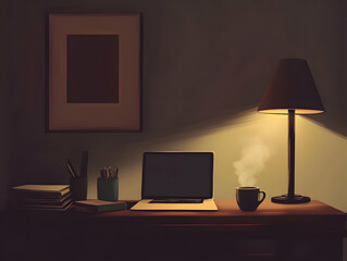 A cozy workspace with a laptop, steaming coffee, and warm lighting, inviting productivity.