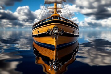 Digital 3D model of a classic wooden ship, with every plank and sail rendered in high detail, showing the craftsmanship of the vessel as it floats in a calm, digitally created sea