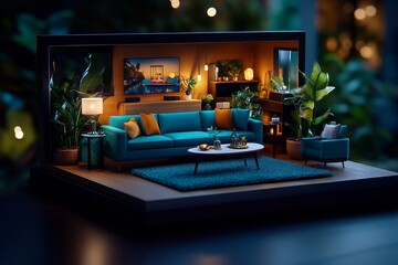 Aufkleber - Digital 3D model of a custom-designed living room, where customers can select furniture, color schemes, and dÃ©cor, arranging everything to create a personalized home environment