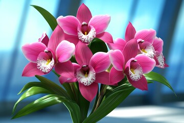 Aufkleber - Digital 3D model of an orchid plant, with detailed petals and leaves, rendered in a virtual space where the flowers can be viewed from all angles and in various lighting conditions