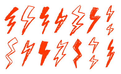 Wall Mural - set of lightning by wax pencil drawing. collection of handdrawing chalk , light flash signs, doodle 