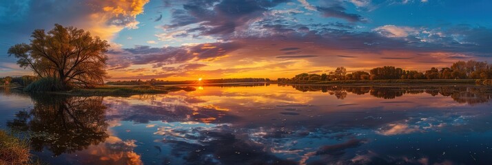 Canvas Print - As the day ends, a stunning autumn sunset paints the sky with vibrant hues, mirrored beautifully in the calm water below. Generative AI