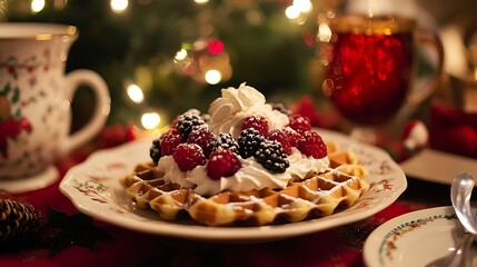 Wall Mural - Christmas morning breakfast featuring waffles topped with whipped cream and berries