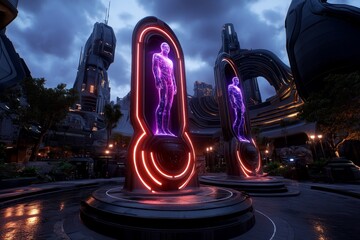Poster - Futuristic monument on a distant planet, with towering holographic statues glowing in neon lights, set in a sleek, alien cityscape