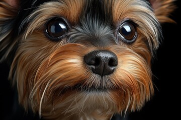Poster - Hyper-realistic close-up of a Yorkshire Terrierâ€™s face, showing every detail of its shiny coat, wet nose, and bright eyes, capturing the texture and beauty of the dogâ€™s features