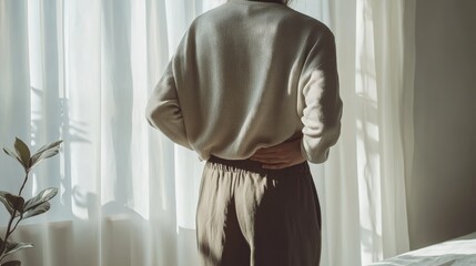 Poster - Woman is holding her lower back in pain while standing near a window at home, possibly experiencing discomfort or injury