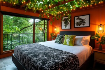 Poster - Magical bedroom in a fairy-tale castle, where the person wakes up under a canopy of glowing vines, the room filled with soft magical light and peaceful enchantment
