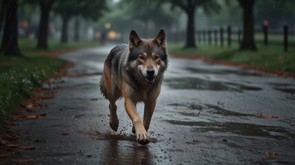 A grey wolf runs down a wet path in a park.