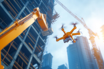 A drone flies over an active construction site, showcasing cranes and buildings against a clear sky