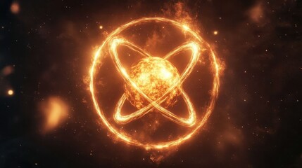Poster - Glowing Atom with Electrons Close Up View
