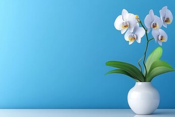 Poster - Minimalist orchid in a white ceramic vase, with just one stem and a few blossoms, placed on a clean surface, highlighting the simplicity and elegance of the design