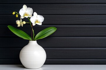 Poster - Minimalist orchid in a white ceramic vase, with just one stem and a few blossoms, placed on a clean surface, highlighting the simplicity and elegance of the design