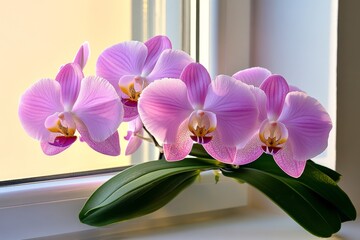 Poster - Moth orchids blooming on a windowsill, their soft purple hues glowing in the golden light of the late afternoon sun, casting delicate shadows on the wall