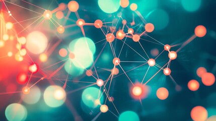 Fototapete - Abstract digital network background with colorful bokeh lights and connecting lines, perfect for technology and innovation themes.