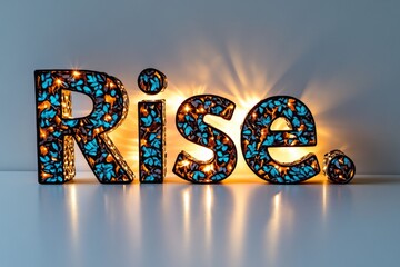 Aufkleber - One motivational word, â€œRise,â€ set against a plain, white background, with soft, golden light radiating from behind, inspiring a simple yet powerful call to action