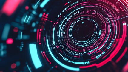 Fototapete - Futuristic abstract digital design featuring circular patterns in blue and red tones, perfect for technology and sci-fi themes.