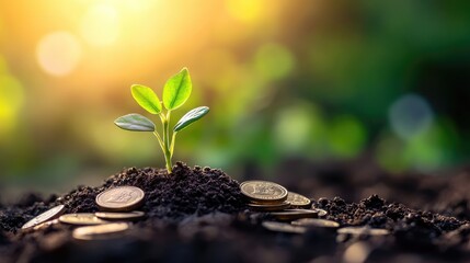 close-up of coins with a young plant growing from them, representing the growth of savings and financial prosperity in a modern setting