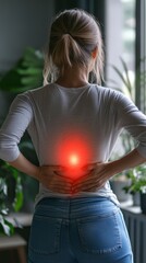 Poster - Woman is standing with her back to us, holding her lower back in pain, with a red glow indicating the source of her discomfort. She is at home and appears to be experiencing a health problem