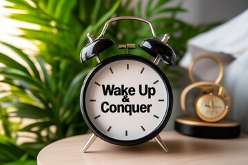 Poster - Single alarm clock on a nightstand, with the simple text â€œWake Up & Conquerâ€ displayed in bold letters, against a clean, minimalist background