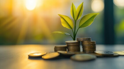 A green plant and a stack of coins arranged together on a bright background, illustrating the idea of saving and financial prosperity