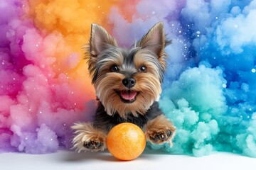 Aufkleber - Whimsical watercolor of a Yorkie playing with a ball, with light brushstrokes showing the dogâ€™s energy and playful nature, blending soft colors for a dreamy effect