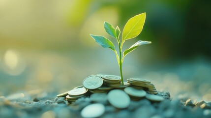 A green plant growing from a pile of coins with a fresh, clean background, symbolizing the nurturing of savings and financial growth