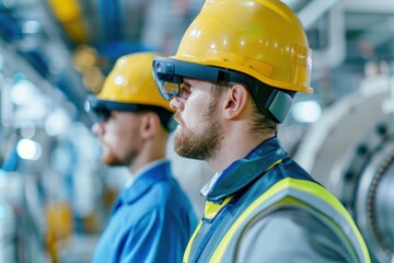 Industrial workers wearing safety gear and helmets, observing machinery in a modern factory setting, showcasing technology and teamwork.