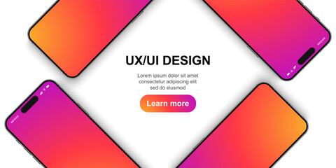 Poster - Smartphone mockup group front view with shadow, 3D mobile phones, high quality smart phone mockup for ui ux presentation, smart phone set isolated on white background
