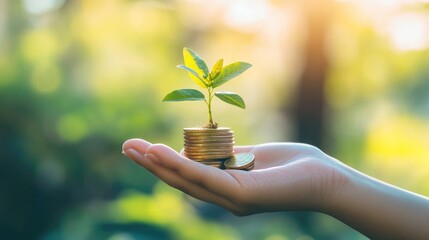 A hand holding a stack of coins with a small plant growing from the top, showing financial growth