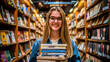 © apratim - A cheerful young woman holding a stack of books in a library setting, symbolizing education and the joy of learning.