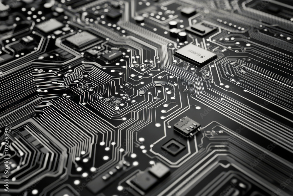 Black circuit board with electronic pathways and components. Technology ...