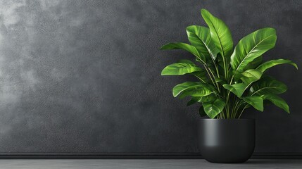 A lush green plant in a stylish, matte black pot with a simple, clean background, illustrating contemporary style