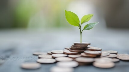 A pile of coins with a small plant sprouting from the top, representing financial growth and saving in a minimalist space