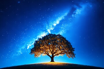 Wall Mural - beautiful astrophotography with a lonely old tree on a hill in the milky way galaxy