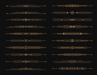 Poster - Golden art deco dividers, menu border elements, elegant line ornament frame. Vector set of vintage ornamental decorative embellishments. Gold luxurious, Art deco linear patterns, underlines or headers