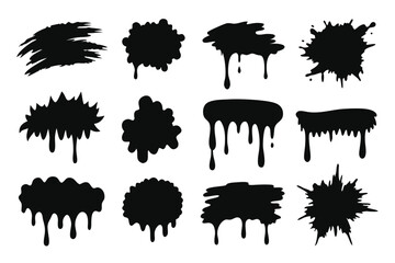 Set of Grunge, dirty brush, black paint, strokes. Hand drawn illustration isolated on white background