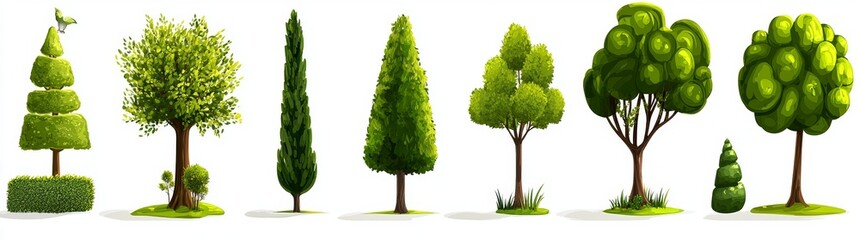flat illustration of cute green plants and forest isolated on white background. simple, modern style