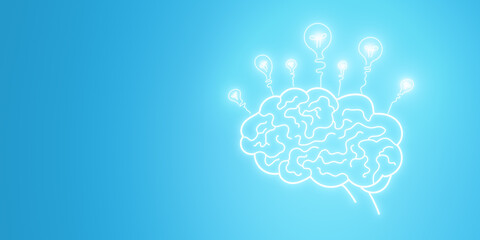 Wall Mural - Glowing brain with lamps sketched hologram on blue background with mock up place. Idea, innovation and brainstorm concept. 3D Rendering.